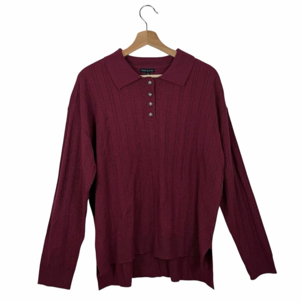 Violets & Roses Pullover Henley Sweater Tunic Top Large Dark Rumba Red Collared - Picture 2 of 10
